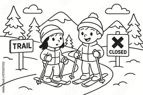 Safety Trail Coloring. Snow safety children?s coloring book illustration, outlined drawing, kids learning to stay on marked trails with safety signs,