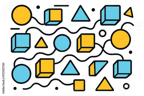 Geometric Shapes Harmony. Geometric Repetition. Floating triangles, circles, and squares repeating in a rhythmic pattern, abstract lines connecting elements,