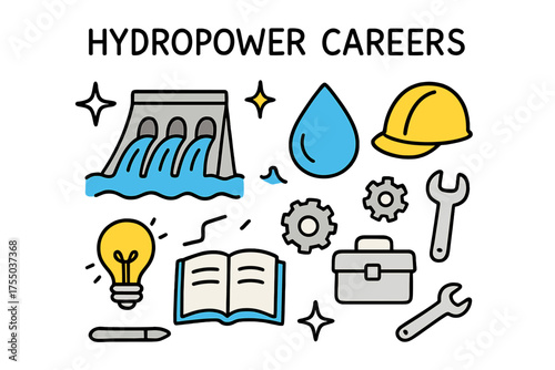 Hydropower Career Symbols. Hydropower Careers. Hand-drawn doodle illustration dam (colored), water drop (colored), worker helmet (colored), sparkle, star,