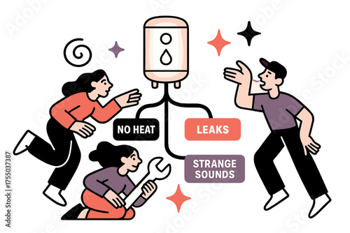 Troubleshooting Water Heater Issues. Water heater chart. Glowing icon of tank with branches for ?no heat,? ?leaks,? and ?strange sounds.? Floating icons of