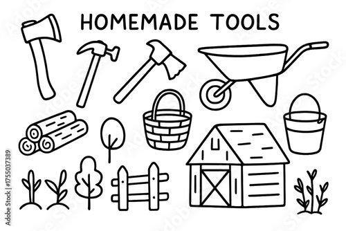 Homemade Tools Illustration. Plant Care. Hand-drawn doodle illustration Plant Care trowel plant soil flower pot watering can gloves rake sun bee butterfly