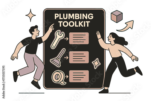 Dynamic Plumbing Toolkit. Plumbing toolkit. Glowing chart featuring wrench, plunger, and tape icons linked to usage guides. Floating icons of sparkle, cube,