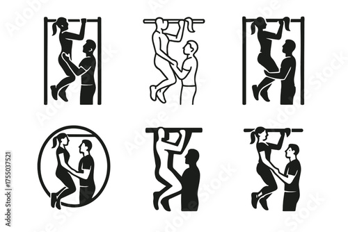 Partner Exercise Logos. A couple doing partner exercises, motivating and supporting each other. Set Logo of A couple doing partner exercises, motivating and