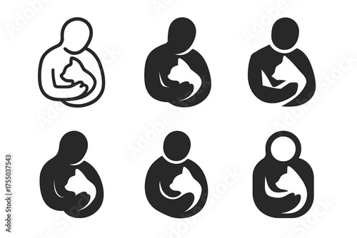 Pet Owner Logo Grid. Pet Cuddling with Owner. Set Logo of Owner Holding Pet: Minimal outline, Filled silhouette, Abstract geometric, Negative space, Flat