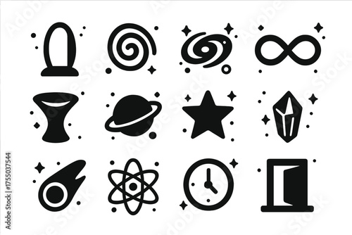 Dimensional Portal Icons. Dimensional portals. Solid icons set of Dimensional portals: portal, spiral, galaxy, infinity loop, wormhole, planet, star, crystal,