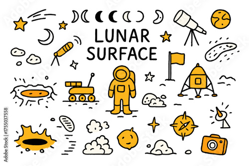 Lunar Exploration Doodles. Lunar Surface. Hand-drawn doodle illustration Crater, rock, dust cloud, rover, astronaut, flag, telescope, footprint, satellite,