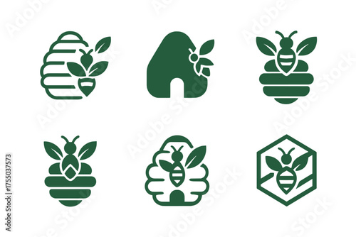 Eco Startup Logos. Eco startups. Set Logo of Eco startups: beehive and pollinator. harmonious logo variations of the same emblematic concept, each with