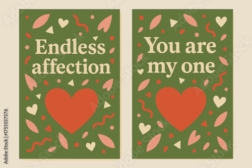 Endless Affection Banners. Endless affection. Two vertical A6 banners with safe margins, centered composition, no elements touching edges, memphis, olive green