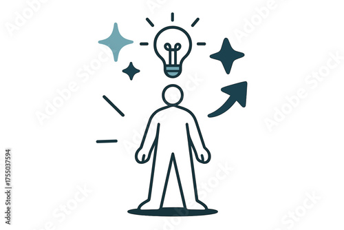 Moment of Clarity. Moment of clarity. Glowing figure standing still with light bulb floating above head. Floating icons of sparkle, star, and arrow symbolizing