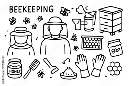 Beekeeping Doodle Icons. Beekeeping. Hand-drawn doodle illustration Beekeeping beekeeper suit smoker hive frame honey jar brush veil gloves pollen feeder