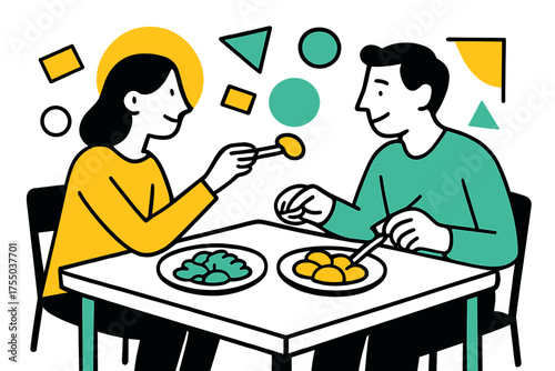 Abstract Shared Meal. Shared Meal. Two people sharing a simple meal at a table, floating abstract plates and geometric shapes, warm and modest atmosphere.