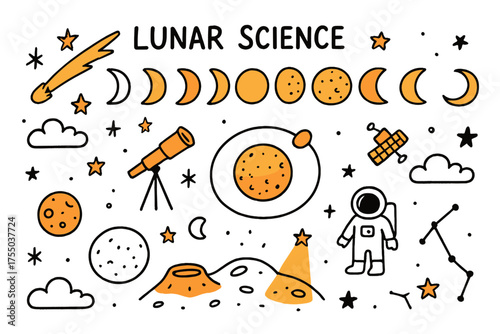 Lunar Exploration Sketch. Lunar Science. Hand-drawn doodle illustration New moon, crescent moon, first quarter, waxing gibbous, full moon, waning gibbous, last