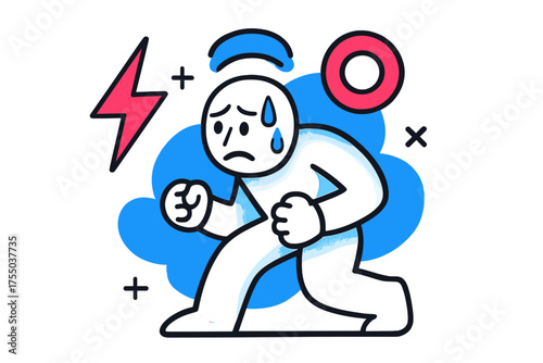 Glowing Anxiety Figure. Stressful Moment. A glowing figure with sweat drops on forehead and tense posture, abstract spark and circle icons symbolizing anxiety.