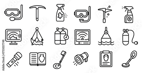 Diving and adventure line icons set – outline, exploration, aquatic gear symbols
