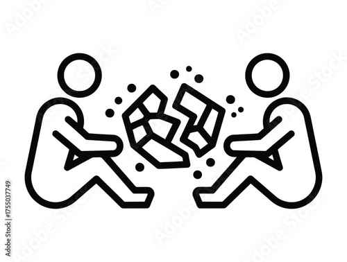 Two people sitting facing each other with a broken object between them