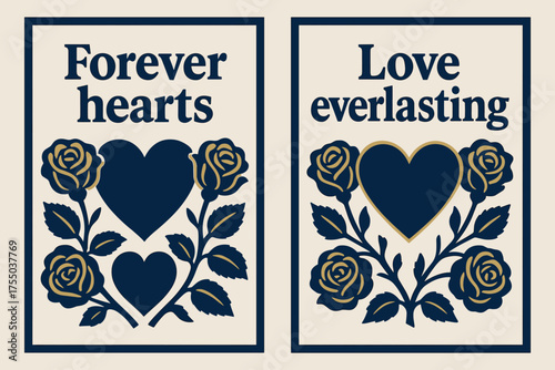 Forever Love Banners. Forever hearts. Two vertical A6 banners with safe margins, centered composition, no elements touching edges, bold, navy and gold, roses