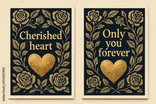Cherished Heart Banners. Cherished heart. Two vertical A6 banners with safe margins, centered composition, no elements touching edges, bold, navy and gold,