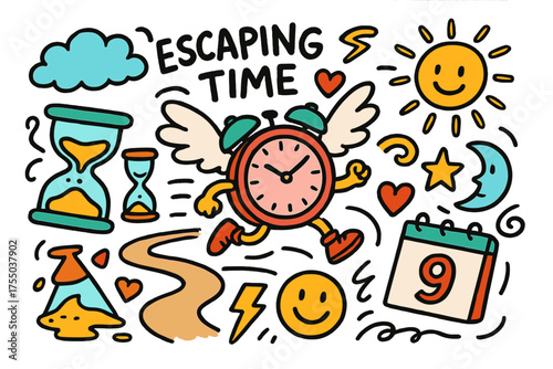 Escaping Time Doodle. Escaping Time. Colorful Hand-drawn doodle Children illustration clock, broken hourglass, wings, running shoes, cloud, sun, star, moon,