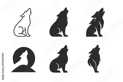 Wolf Logo Variations. Animal Instincts and Survival in the Wild. Set Logo of Animal Instincts and Survival in the Wild: wolf silhouette howling. harmonious