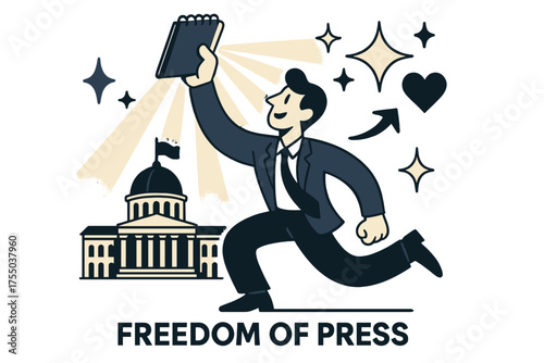 Press Freedom Illuminated. Freedom of press. Glowing reporter raising a notepad as rays of light shine across a parliament building. Floating icons of sparkle,