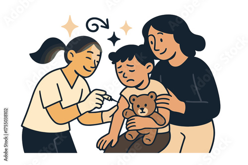 Vaccination Comfort Scene. Vaccination visit. Glowing nurse gently administering shot while parent comforts child holding teddy bear. Floating icons of