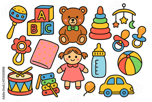 Colorful Baby Toys. Baby Toys. Colorful Hand-drawn doodle Children illustration Rattle, blocks, teddy bear, stacking rings, ball, toy car, soft doll, teether,