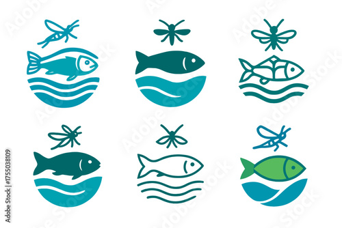 Freshwater Streams Logos. Freshwater Streams and Their Wildlife. Set Logo of Freshwater Streams and Their Wildlife: fish and insects icon. harmonious logo