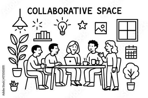 Collaborative Space Doodles. Collaborative space. Hand-drawn doodle illustration collaborative space people group, desk, chair, laptop, plant, coffee cup,