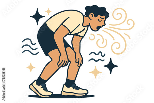 Exhausted Runner Illustration. Out of breath. Glowing runner bent forward with heavy gasps shown as swirling air patterns. Floating icons of sparkle, wave, and