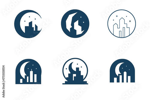Moonlight Logo Variations. Moonlight. Set Logo of Moonlight: moonlit city skyline. harmonious logo variations of the same emblematic concept, each with