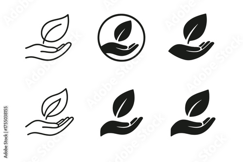 Eco Startup Logos. Eco startups. Set Logo of Eco startups: leaf and hand. harmonious logo variations of the same emblematic concept, each with different
