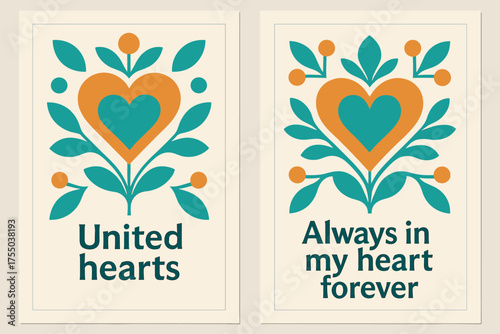 United Hearts Banners. United hearts. Two vertical A6 banners with safe margins, centered composition, no elements touching edges, geometric, turquoise and