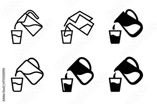 Water Pouring Logos. Pouring water into a glass. Set Logo of Pouring water into a glass: filtered pitcher with pour spout. harmonious logo variations of the
