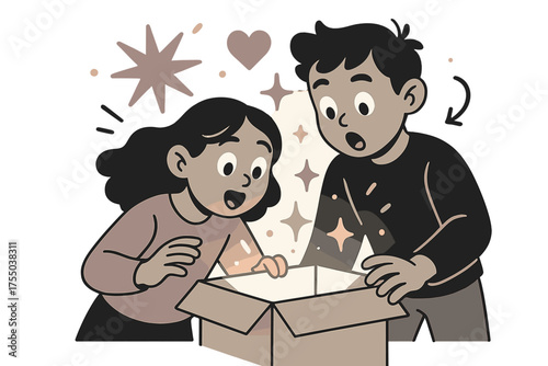 Siblings' Surprise Unveiled. Shared wonder. Siblings glowing as they open a big box together, faces lit with surprise. Floating icons of starburst, heart, and
