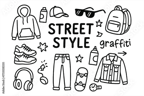 Street Style Doodle. Street Style. Hand-drawn doodle illustration Street Style hoodie sneakers cap backpack sunglasses jeans jacket watch headphones skateboard