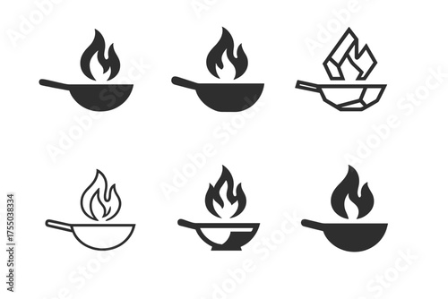 Fusion Cuisine Logos. Food recipe creation and fusion cuisines. Set Logo of Food recipe creation and fusion cuisines: wok with flame. harmonious logo