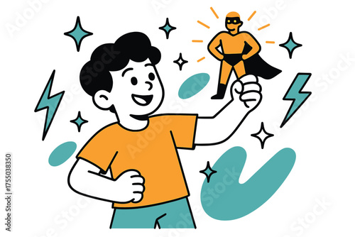 Superhero Adventures. Child with action figure. A boy proudly holding up a glowing superhero figure, abstract lightning bolts and stars floating around