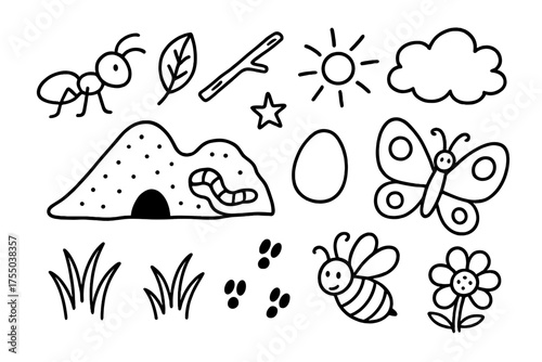 Doodle Insect Collection. Insects. Hand-drawn doodle illustration insects ant, anthill, leaf, stick, tunnel, egg, star, sun, cloud, butterfly, bee, footprint,