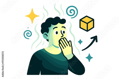 Glowing Silence Aura. Silent gasp. Glowing person with hand over mouth, faint air swirls radiating upward. Floating icons of sparkle, swirl, and cube