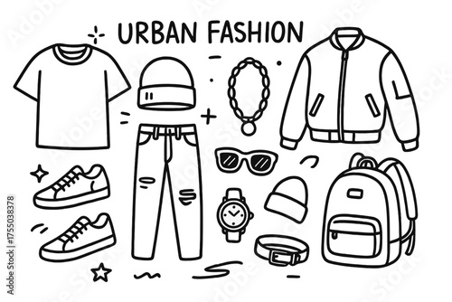 Urban Fashion Icons. Urban Fashion. Hand-drawn doodle illustration Urban Fashion t-shirt bomber jacket ripped jeans sneakers beanie sunglasses watch chain belt