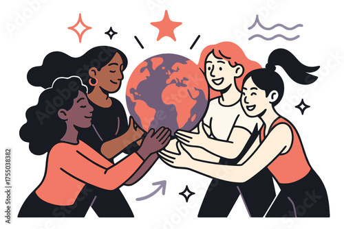 Empowered Women Unity. Global empowerment. Glowing group of diverse young women holding globe together, radiating unity. Floating icons of sparkle, star, and