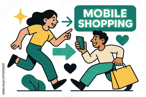 Dynamic Mobile Shopping. Mobile shopping. Glowing text blocks optimized for phone screens with clean bold fonts. Floating icons of sparkle, arrow, and heart