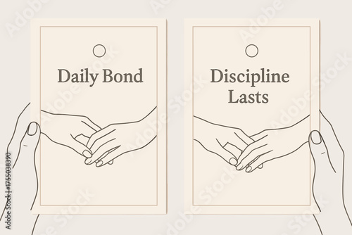 Daily Bond Design. Hands close-up. Two vertical A6 banners with safe margins, centered composition, no elements touching edges, delicate minimal style, beige