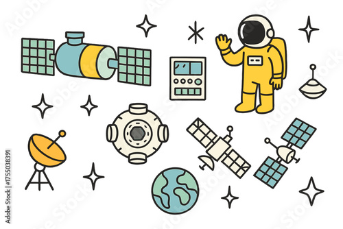 Colorful Space Station Scene. Space Station Modules. Hand-drawn doodle illustration module (colored), solar panels (colored), astronaut (colored), sparkle,