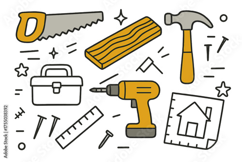 Carpentry Tools Doodle. Woodwork. Hand-drawn doodle illustration saw (colored), wood plank (colored), hammer (colored), sparkle, star, toolbox, drill