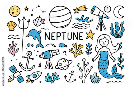 Neptune Doodle Universe. Neptune. Hand-drawn doodle illustration Neptune trident, planet, waves, seashell, starfish, dolphin, comet, telescope, moon, fish,