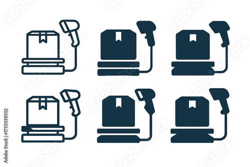 E-commerce Logo Variations. E-commerce packaging station. Set Logo of E-commerce packaging station: parcel scale with scanner. harmonious logo variations of