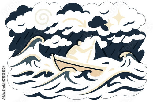 Glowing Boat Adventure. Stormy sea. Glowing boat battling tall waves under dark storm clouds. Floating icons of swirl, wave, and sparkle symbolizing endurance.