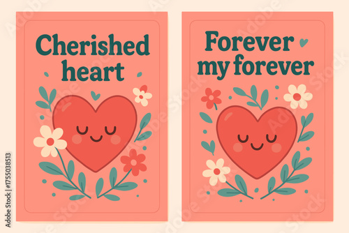 Cherished Heart Banners. Cherished heart. Two vertical A6 banners with safe margins, centered composition, no elements touching edges, cartoon, coral and teal,