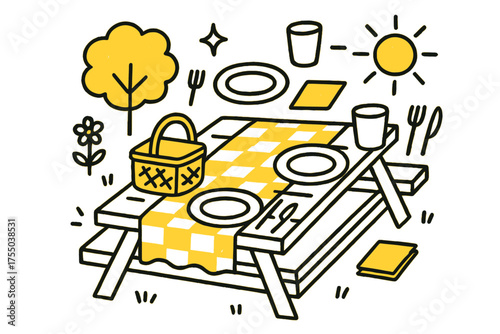 Vibrant Picnic Essentials. Outdoor Picnic Table. Hand-drawn doodle illustration table runner (colored), picnic basket, plates (colored), cups, cutlery, napkins